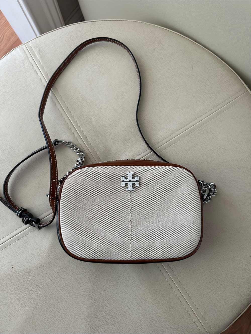 Tory Burch Cream Canvas and Brown Leather Crossbody with Silver Logo Plate